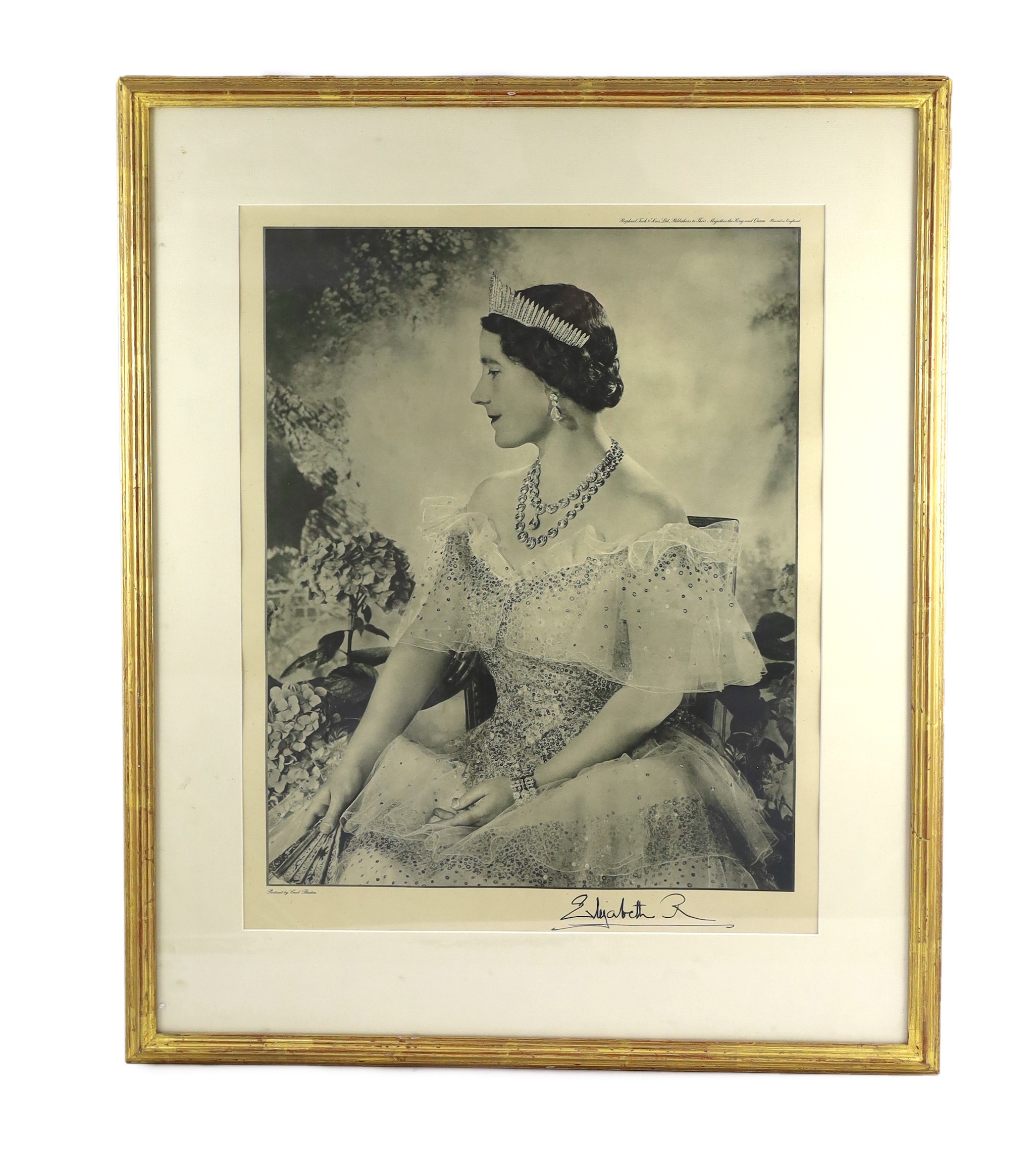 After Cecil Beaton, a signed photo-lithograph of Queen Elizabeth, the Queen Mother, printed for Raphael Tuck & Sons Ltd, overall 49 x 39cm